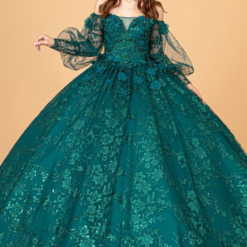 GREEN Mesh Long Sleeves Quinceanera Dress w/ Detachable Ribbon Mini Bag GL3071